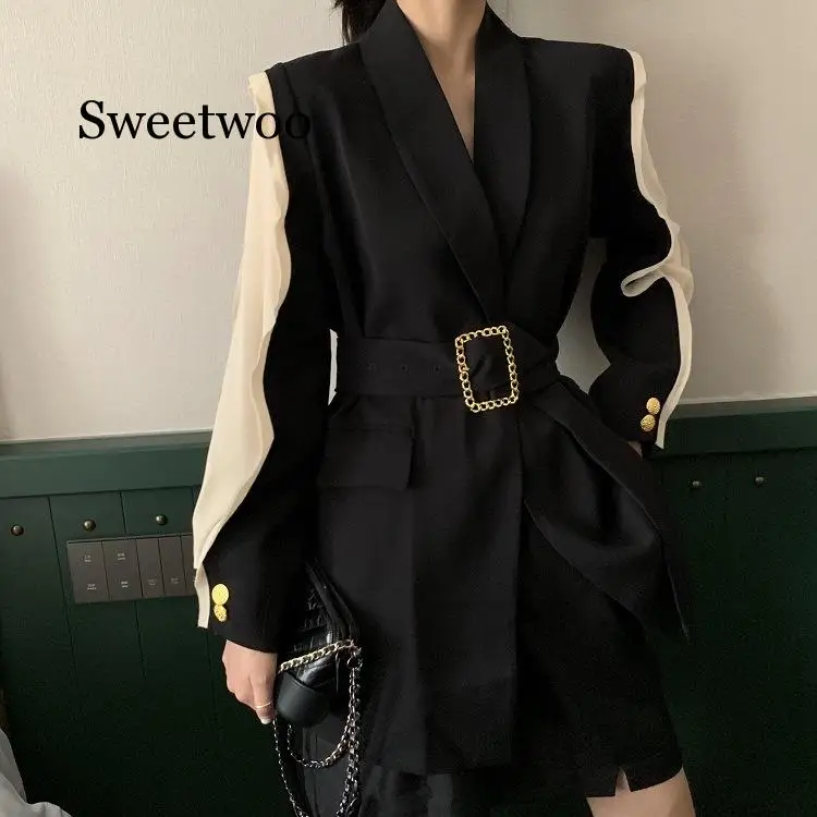 

2020 New Spring Autumn Black Suit Jacket Mixed Colors Lace-up Long Sleeve Suit with belt Sexy Loose Fashion Coat Woman