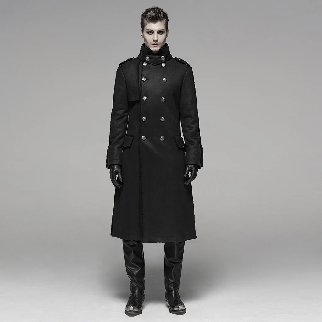 

PUNK RAVE Men's Punk Military Style Medium Length Jacket Woven Velvet Fabric Handsome Personality Fashion Winter Long Trenchcoat