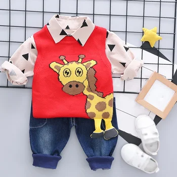 

Autumn Hot Sale Baby Cute Boy Long Sleeve Geometric Print T-shirt Sleeveless Deer Sweater Denim Trousers Casual Outfits 2019