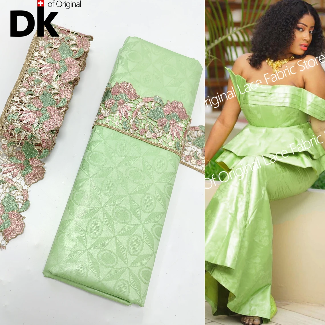 

Wholesale Price !!! 2021 Top Sell African Lace High Quality Bazin Riche Fabric With 100% Cotton Ribbon For DIY Senegal Dresses