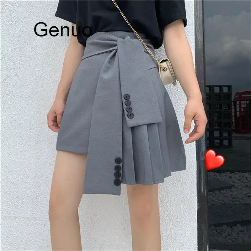 

Slim Irregular A-Line High Waist Korea Summer Sexy Solid Casual Pleated Lace Up Mini Grey Plus Size Skirts