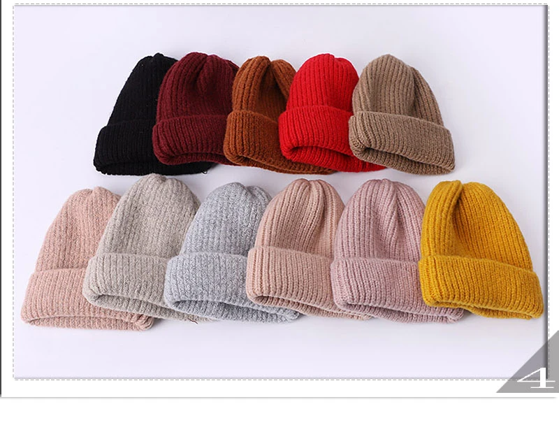 Женская шапка бини, осенняя зимняя теплая вязаная шерстяная шапка, одноцветная шапка Skullies Beanies, женская теплая мягкая шапка из кроличьей шерсти, уличные шапки
