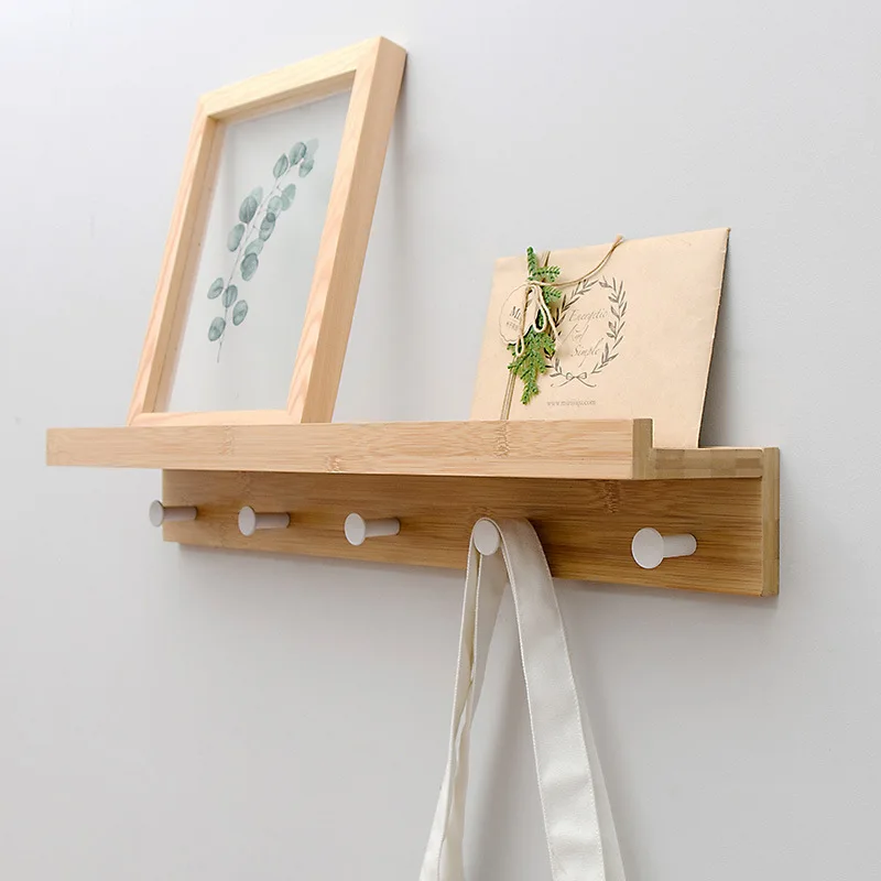 bamboo shelf 5 hooks wall hanging wall solid wood hook rack wall shelf home decotation coat hanger key holder key 4 hooks - Цвет: Светло-желтый