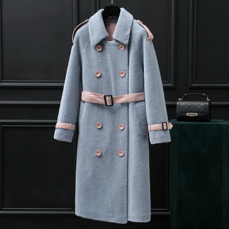 light blue AYUNSUE овечья овчина пальто из натурального меха зимняя куртка женские шерстяные пальто и куртки женская одежда корейская длинная куртка MY4205 - Цвет: light blue
