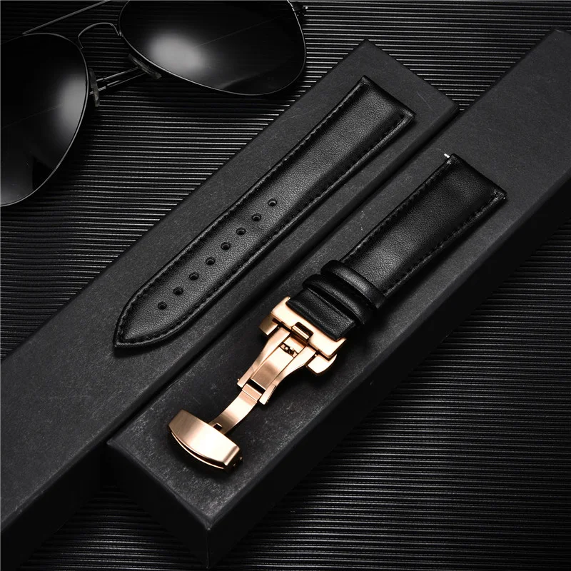 Premium Leather Watchband with Stainless Steel Butterfly Buckle
