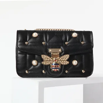 

Pearl Square Sling Bag Women's 2020 Autumn Korean-Style All-match Fashion Bee Rhombus Chain Bag Shoulder Cross-Body tote bag