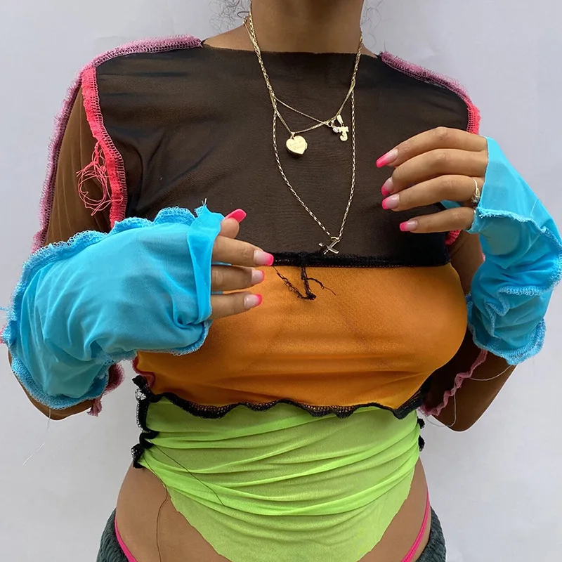 

Autumn new patchwork design mesh long sleeve crop top for women Punk style see-through sexy T-shirt street casual wear