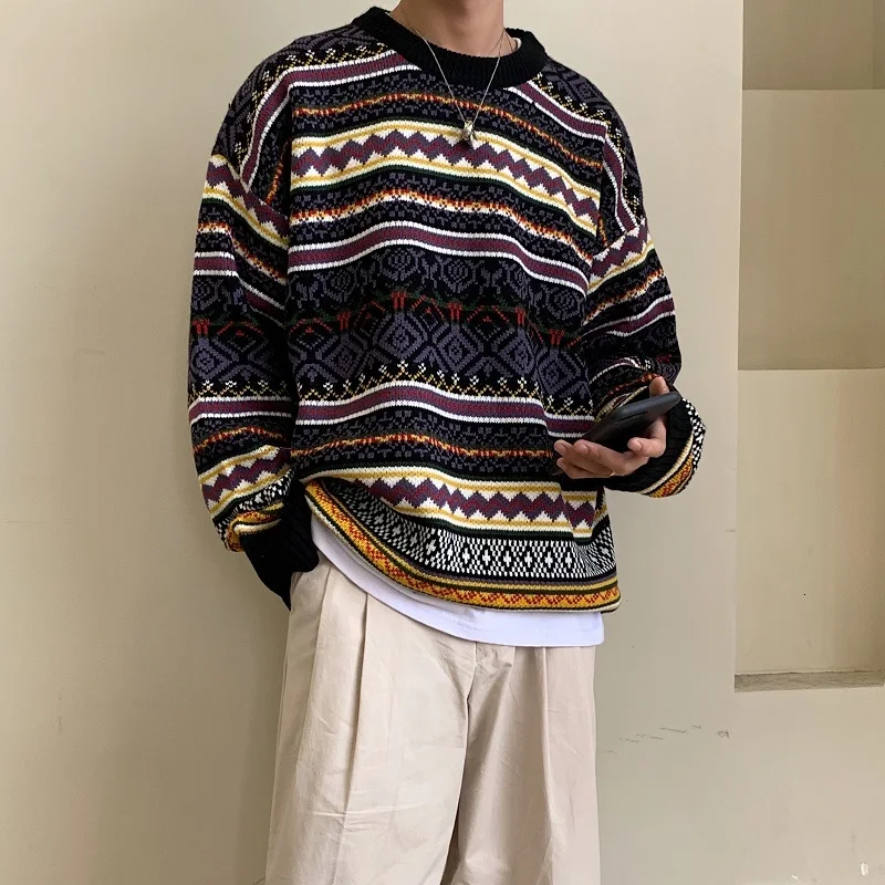 Winter Sweater Men Fashion Retro Casual Knit Pullover Men Sweter Clothes Wild Loose Long Sleeve O-neck Sweater Man M-2XL