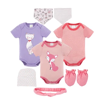 

Honeyzone Newborn Baby Girl Romper Summer Purplr Cute Cat Cartoon Printing Baby's Onesie Jumpsuits Suits with Hats Bibs Gift