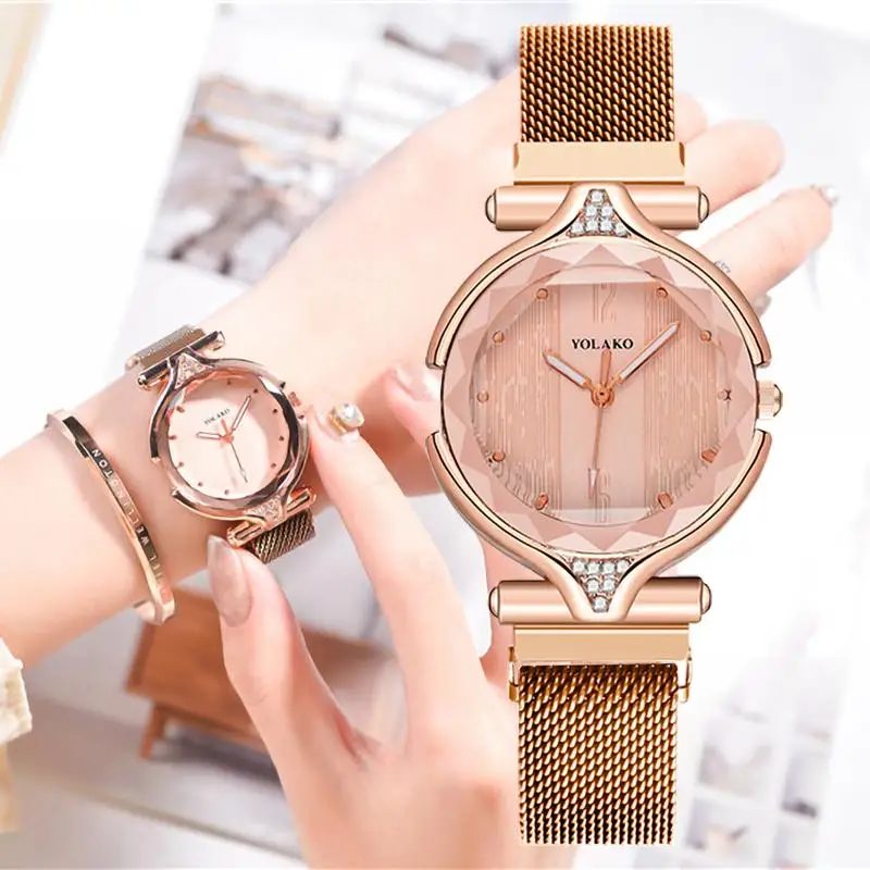 

Shining Crystal Women Luxury Fashion Pink Watches Stainless Steel Mesh Strap Quartz Watch Magnet Buckle Ladies Wristwatches