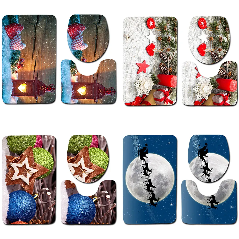 3Pcs/Set Christmas Bathroom Mat Carpet Toilet Cover Rug 3D Pattern Decoration