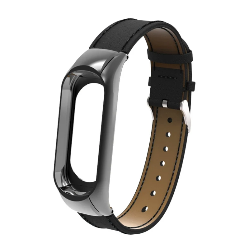 Модный кожаный ремешок для Xiaomi mi Band 4 mi Band 3 металлический каркас кожаный браслет для mi band 3 4 браслет умные аксессуары - Цвет: Black