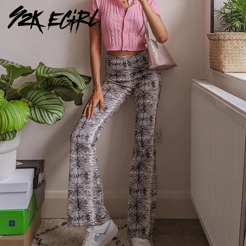 

Y2K EGIRL Indie Aesthetics Wood Printing High Waist Trousers 90s Fashion Slim Flare Pants Streetwear Autumn Chic Pattern Bottoms
