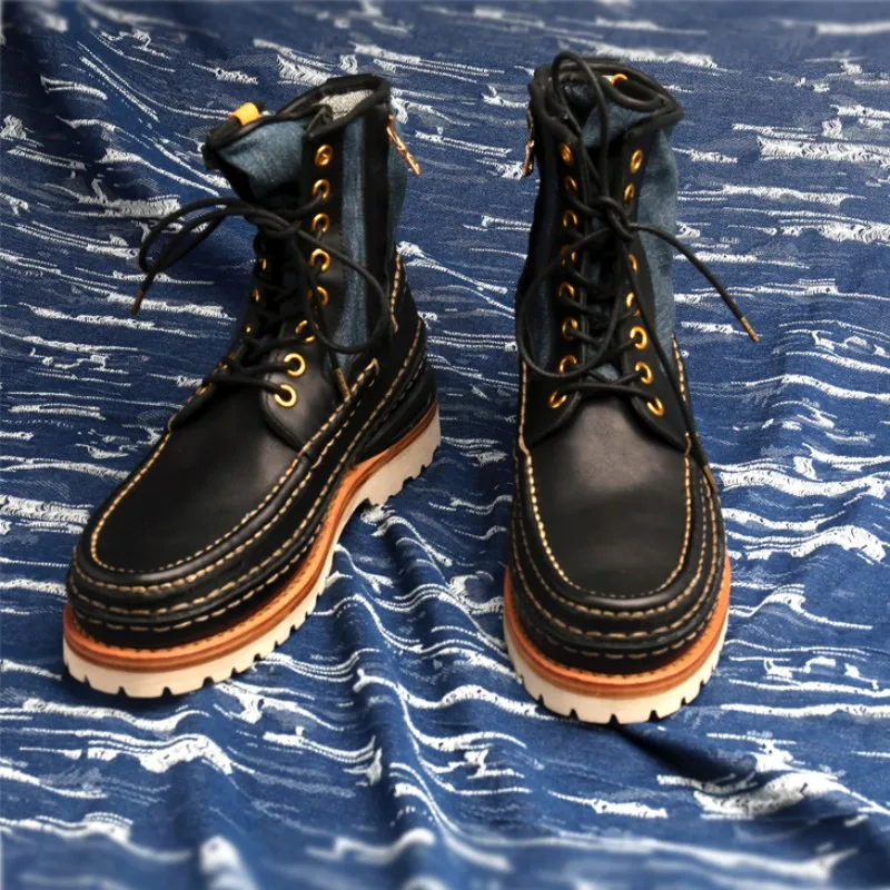 High Quality Handmade Mens Boots Retro Patchwork Genuine Leather Work Boots Men Lace Up Canvas High Top Shoes Size 45 46