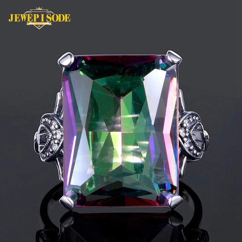 Jewepisode Vintage 12x16MM del arco iris místico Topacio anillos para las mujeres, plata maciza 925 bien joyería boda fiesta anillo envío de la gota