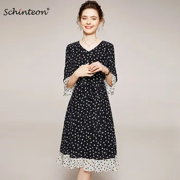 

2020 Schinteon Women 100% Real Silk Print Dress V-Neck Collar Elegant A-lined Three Quarter Flare Sleeve Patchwork Dresses