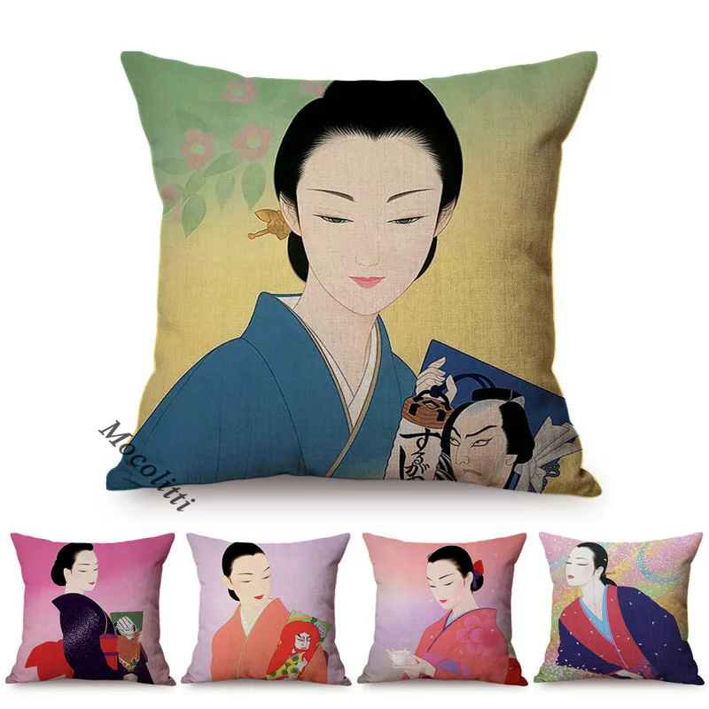 

Beautiful Japan Woman Delicate Portrait Sofa Pillow Case Japanese Girl Water Color Art Luxury Home Decor Linen Car Cushion Cover