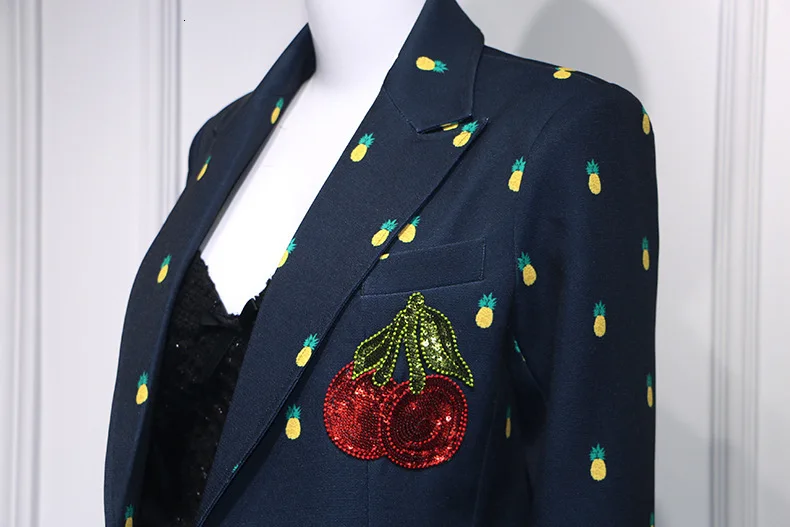 Elegant Women Black Blazer Luxury Brand Office Lady Pineapple Printed Sequins Long Blazer Jacket Autumn Suit Coat Outerwear