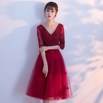 

Dress Burgundy Cocktail Dress Cheap V Neck Short Sleeves Graduation Party Dress Ruffles Fashion Cocktail Dresses Robe Courte