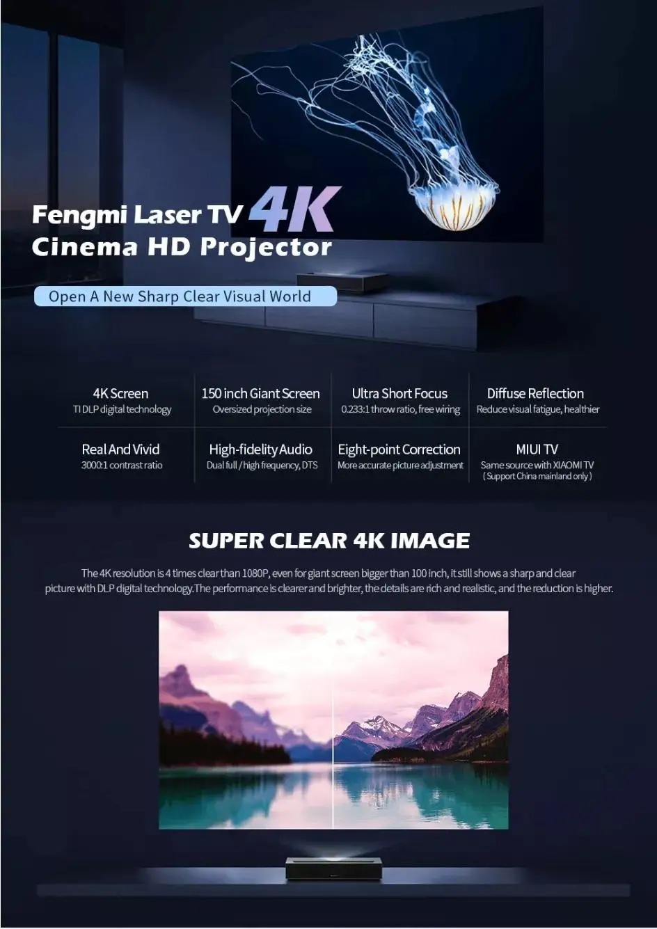 Xiaomi Fengmi 4K кино лазерный проектор ТВ 4K кино HD проектор 150 дюймов ALPD MIUI домашний ТВ проектор BT4.0 Поддержка 3D HDR