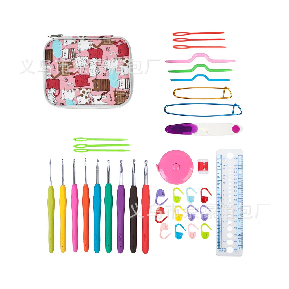 Amazon Hot Sales Knitted Bag 9 TPR Aluminum Crochet Hook Weaving Tool Plastic Fittings Crochet Hook Set