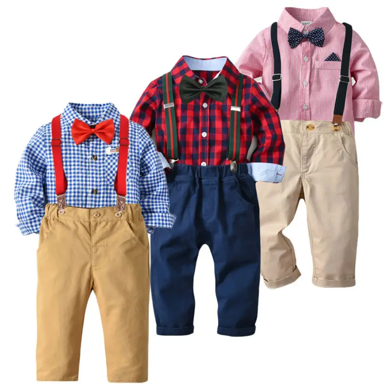 Beste 6 M 7 T Pasgeboren Baby Baby Boy Kid Gentleman T shirt Tops + Bib Broek Outfits Kleding