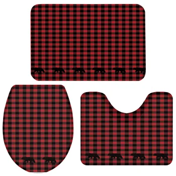 

3 Pieces Bathroom Set Red Black Plaid Bear Bath Set Toilet Cover Mat Pedestal Rug Non-Slip Bathroom Rug Set