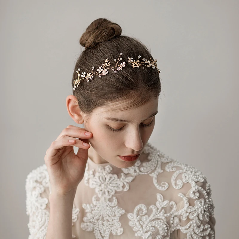 O354 Delicate One-Layer Pearl Beaded Rhinestone Wedding Bridal Hairbands Headband With Small Flowers