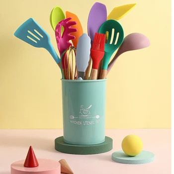 

12PCS Colorful Food Grade Silicone Kitchenware Cooking Kit Spatula Rainbow Handle Kitchen Cooking Tools Set With Storage Cup