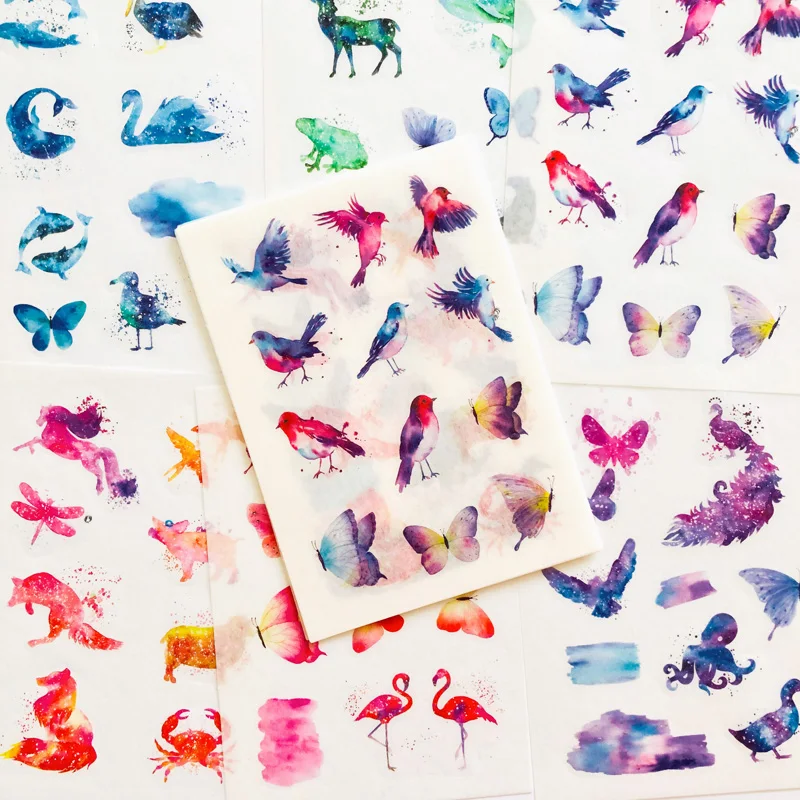 Imagen de 6 Sheets Watercolored Animals Birds Whale Butterfly Washi Paper Sticker Notebook Computer Phone Decoration