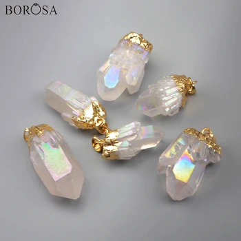 

BOROSA 5/10Pcs Gold Plating Titanium AB Color Cluster Crystal Point Pendant Natural Quartz Crystal Point Bead for Necklace G1851