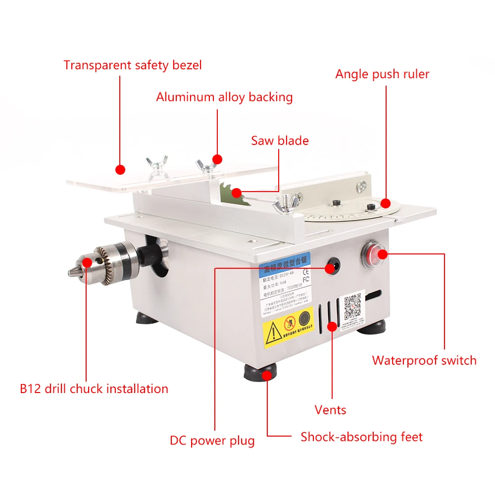 Aluminum Miniature Table Saw High Precision DC 24V Silver Cutting