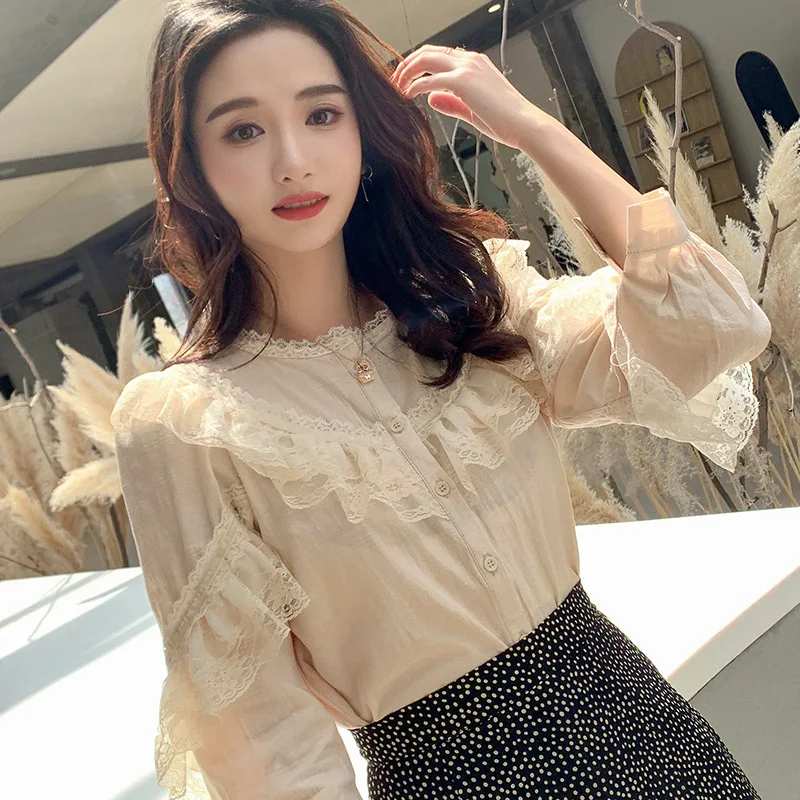 

2019 Autumn New Style Stand Collar Lace Wavy Edge Tops Slim Fit Cotton Linen Shirt Female Long Sleeve