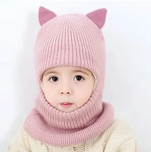 Cat Pink Зимние От 2 до 5 лет, детские шапки с помпонами, детские вязаные шапки, шапка для мальчиков и девочек, теплая шерстяная шапка с капюшоном, Детские шарфы, шапочки для малышей - Цвет: Cat Pink