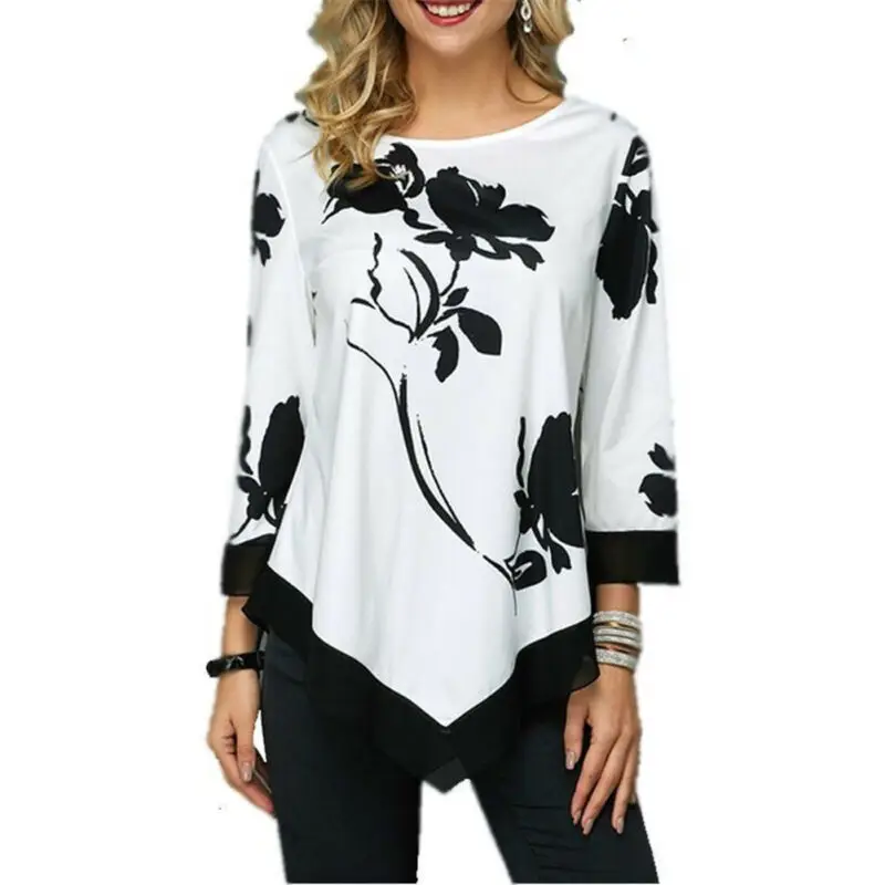 

2020 New Spring Autumn Plus Size Women T Shirts Tops Loose Casual Three Quarter O-Neck Floral Print Irregular Female T Shirt