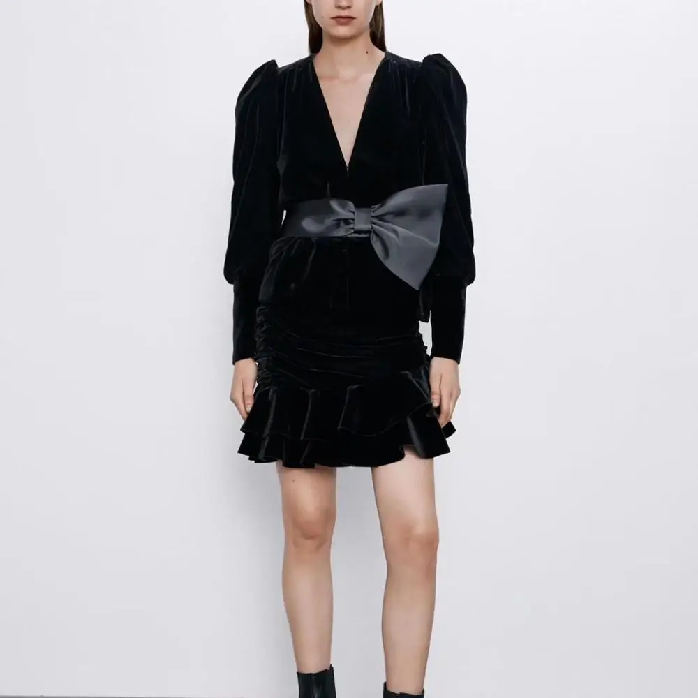 wonderful  za woman autumn winter puff sleeve bowknot v-neck Velvet coat casual fashion jacket female Cardigan