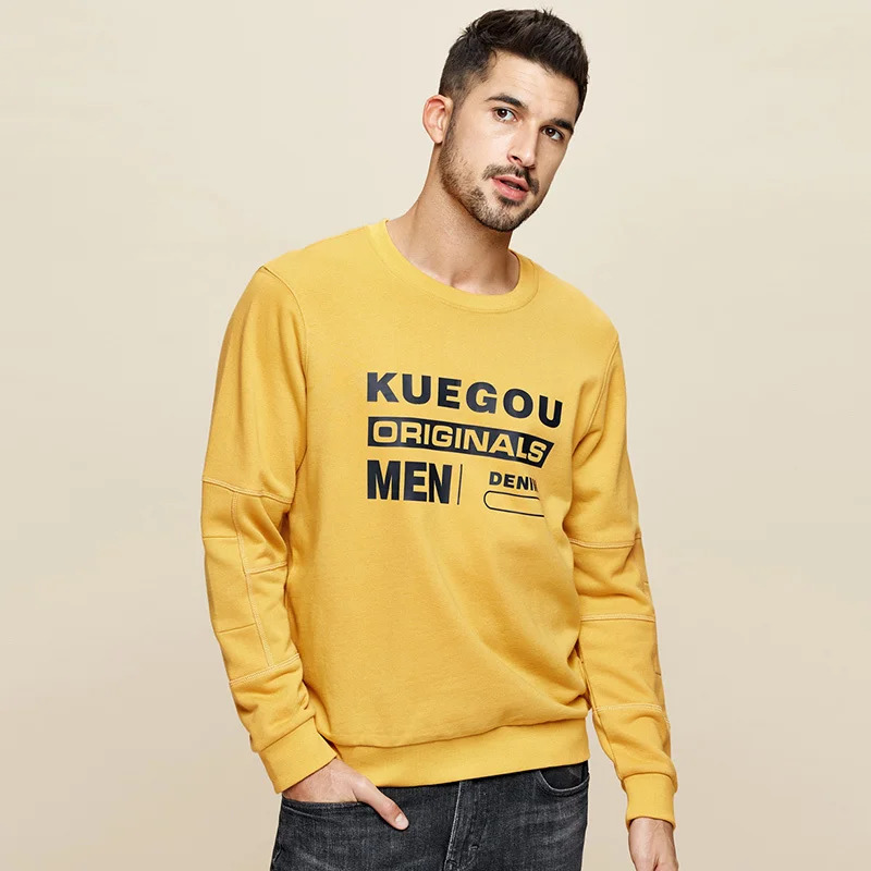 KUEGOU 2020 Весна 100% хлопок черный принт с буквенным принтом Толстовка Мужская модная