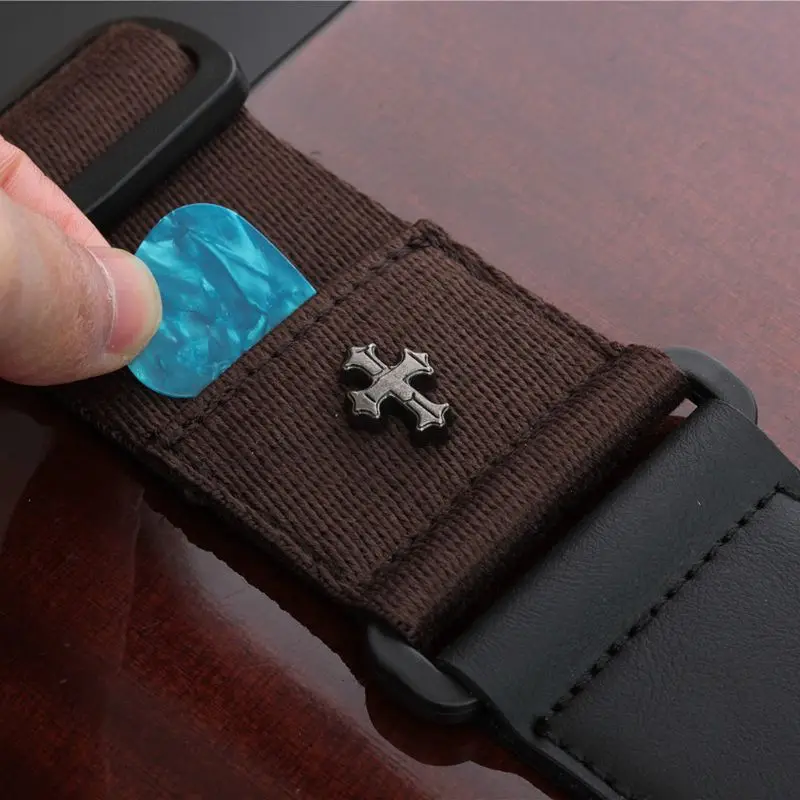 Vintage Cross Electric Guitar Strap Acoustic Folk Guitarra Belt with Pick Pocket Q6PB