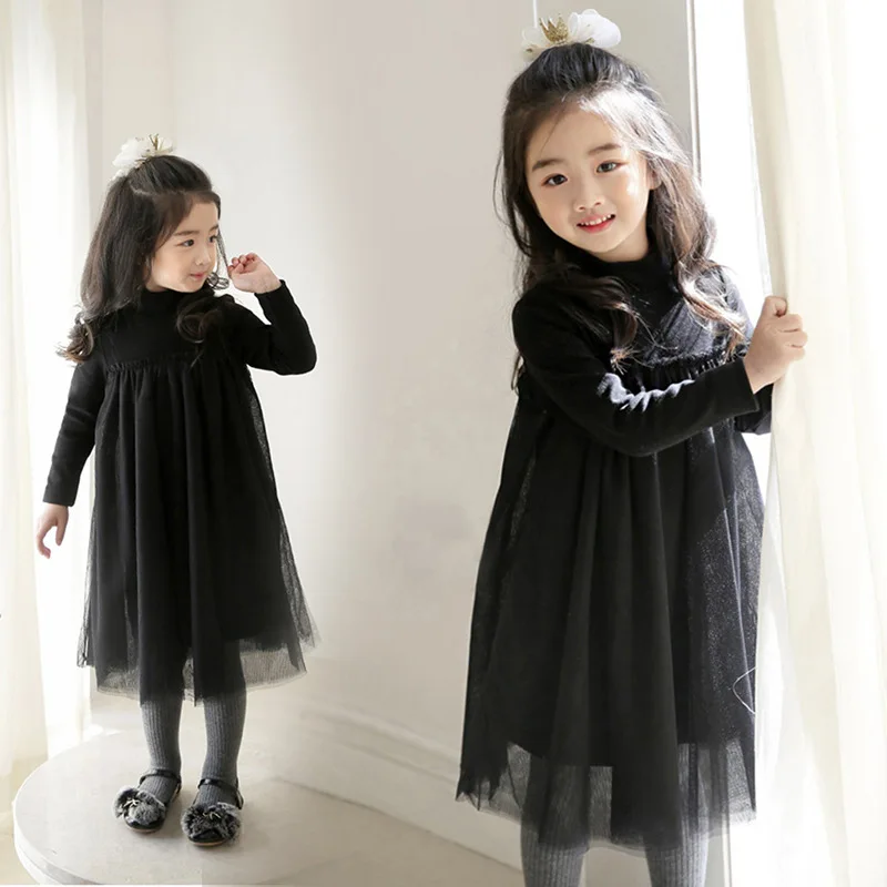 Новые платья для девочек бархатное хлопковое однотонное платье принцессы с длинными рукавами черного цвета зимняя детская одежда