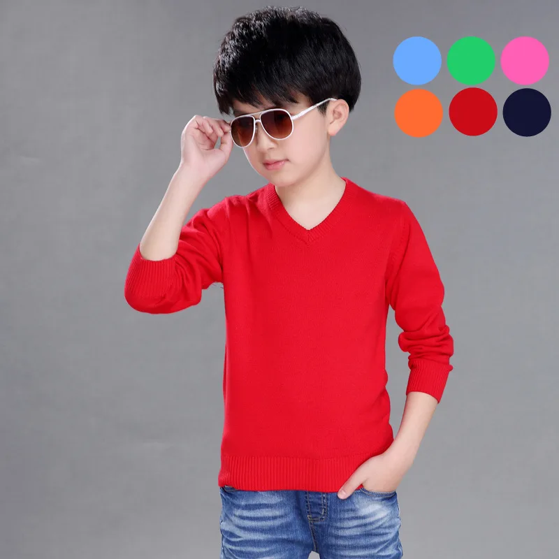 Boy Red V-neck От 4 до 16 лет вязаные свитера для больших мальчиков Одноцветный о-образный вырез трикотаж одежда Детский модный свитер верхняя одежда для маленьких девочек - Цвет: Boy Red V-neck
