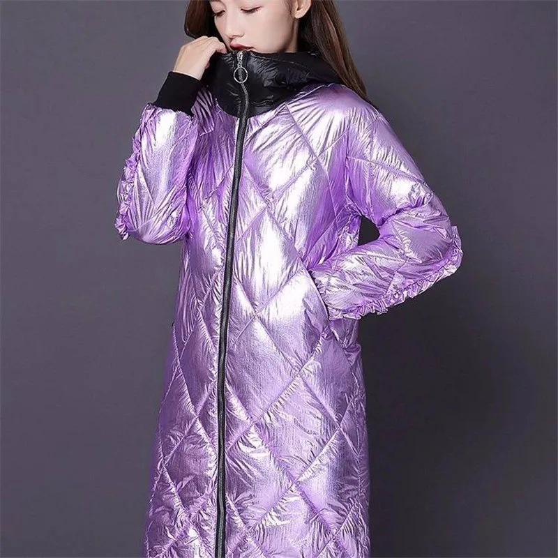 

Fashion Metal Bright Hooded Casual Long Jacket New Bomber Streetwear Parka Coat Women's Winter Warm Cotton Padded Slim Parkas