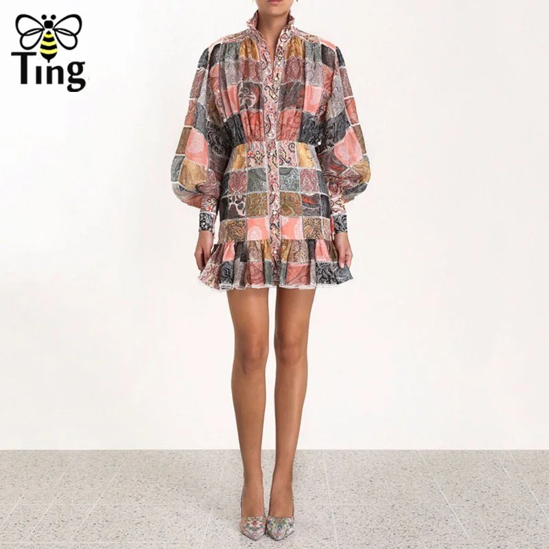 Tingfly дизайнерское подиумное большое клетчатое мини-платье в цветные кадраты модный фонарь Длинные рукава оборки подол Bodycon Короткие платья