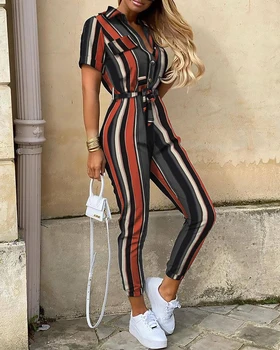 

Women Elegant Casual Striped Short Sleeve Bottoned Jumpsuit