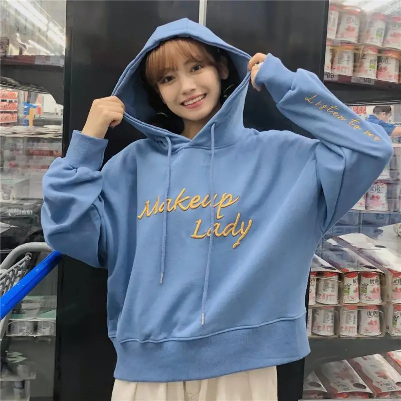 

Толстовка женская с вышивкой, повседневный свободный тонкий хлопковый свитшот с капюшоном в корейском стиле, пуловер для студенток, осень-зима