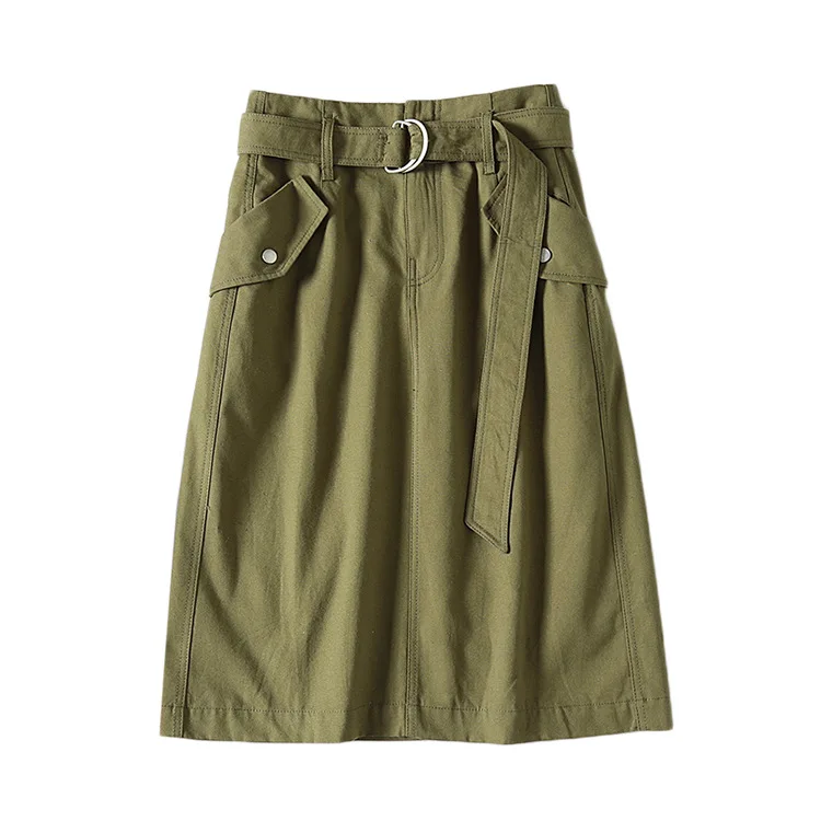 

A Generation of Olive Green Workwear-Style Wide Belt Pocket Flipped along Slimming Skirt Entity