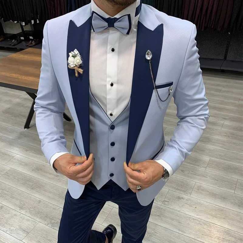 Men's Sky Blue Striped Slim Fit Suit Groom Tuxedos Formal Wedding Suit Custom 