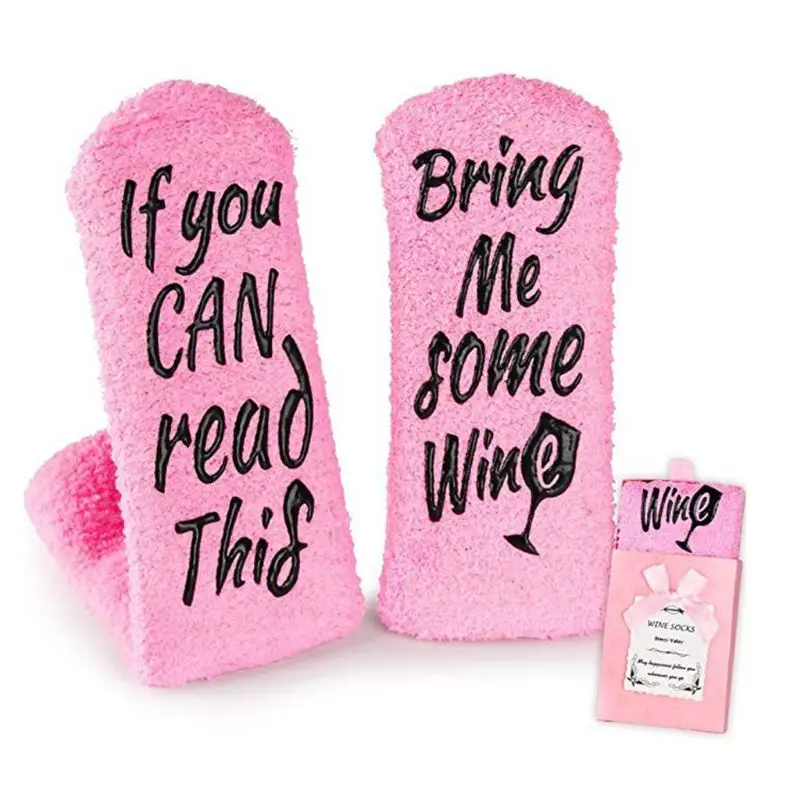 20 см женские новые розовые пушистые носки смешные слова вино кофе шоколад теплые чулочно-носочные изделия - Цвет: F