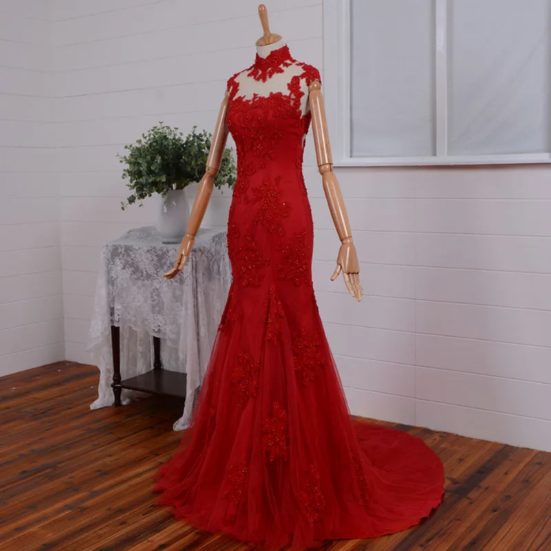 Vestidos, длинное вечернее платье с кружевной аппликацией, Русалка,, официальное, с высоким воротом, с жемчугом, сексуальное, с открытой спиной, платья для матери невесты