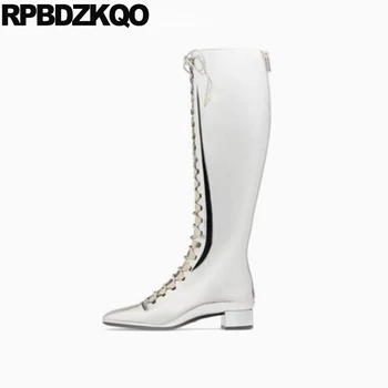 

brand boots designer shoes women luxury 2019 waterproof crossdresser metallic square toe chunky knee high big size tall silver