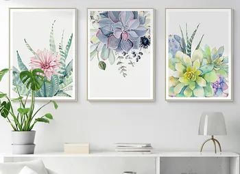 

Watercolour Plants Canvas Painting Nordic Succulents Leaf Cactus Flowers Poster Wall Art Pictures For Living Room Unframed